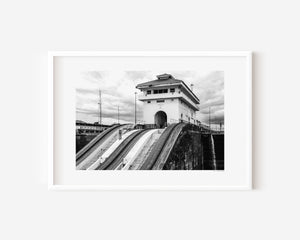 Approaching the original Gatun locks of the Panama Canal, showing the historic lock entrance in a fine art photograph.
