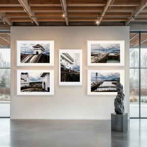 Fine art photography series of the Panama Canal locks, Passage I–V, capturing ships transiting the historic canal and its industrial architecture.