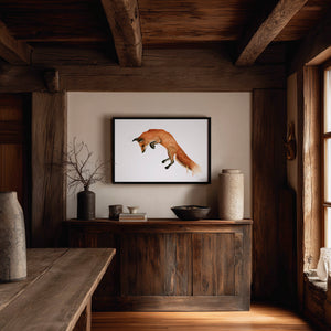 A vibrant watercolour painting of a fox mid-leap, capturing its playful energy and graceful movement. The artwork showcases delicate brushstrokes and vivid colours, highlighting the fox’s elegant form against a soft, natural background.