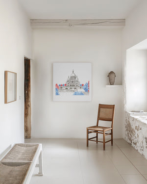 Hand-painted watercolour of Sacré-Cœur Basilica in Montmartre, Paris, featuring soft washes and delicate architectural detail, printed as fine art on recycled ocean plastic canvas.