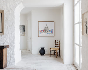Hand-painted watercolour of Sacré-Cœur Basilica in Montmartre, Paris, featuring soft washes and delicate architectural detail, printed as fine art on recycled ocean plastic canvas.