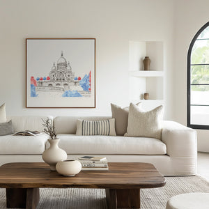 Hand-painted watercolour of Sacré-Cœur Basilica in Montmartre, Paris, featuring soft washes and delicate architectural detail, printed as fine art on recycled ocean plastic canvas.
