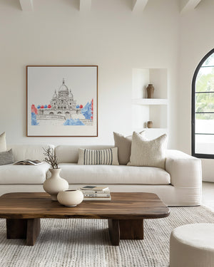 Hand-painted watercolour of Sacré-Cœur Basilica in Montmartre, Paris, featuring soft washes and delicate architectural detail, printed as fine art on recycled ocean plastic canvas.