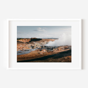 Otherworldly geothermal landscape at Seltún Iceland, steam rising from sulphur-stained ground, fine art landscape photography print.