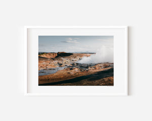 Otherworldly geothermal landscape at Seltún Iceland, steam rising from sulphur-stained ground, fine art landscape photography print.