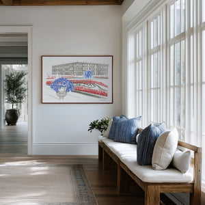 Hand-painted watercolour of the Palace of Versailles in France, featuring soft washes and delicate architectural detail, printed as fine art on recycled ocean plastic canvas.
