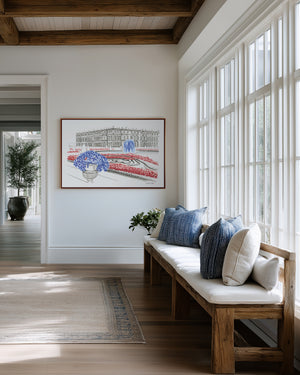Hand-painted watercolour of the Palace of Versailles in France, featuring soft washes and delicate architectural detail, printed as fine art on recycled ocean plastic canvas.