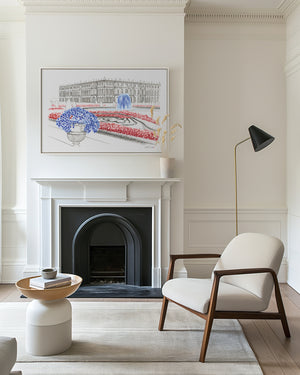 Hand-painted watercolour of the Palace of Versailles in France, featuring soft washes and delicate architectural detail, printed as fine art on recycled ocean plastic canvas.