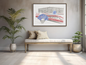 Château de Versailles watercolor canvas print, featuring the grandeur of the historic French palace, its lush gardens, and royal architecture. Elegant watercolor artwork capturing the opulence and timeless beauty of Versailles. Made from 100% plastic bottles.