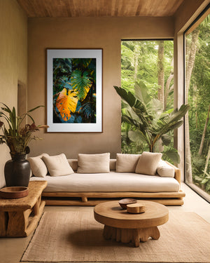 Fine art photograph of an elephant ear leaf in warm ember tones, highlighting texture, colour, form, and the serene beauty of tropical nature.