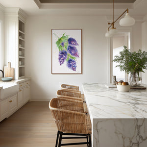 Eco-friendly watercolour canvas painting of soft purple lilacs, evoking calm and natural beauty.