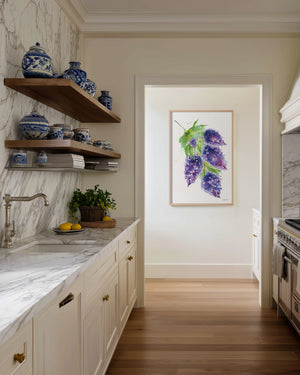 Eco-friendly watercolour canvas painting of soft purple lilacs, evoking calm and natural beauty.
