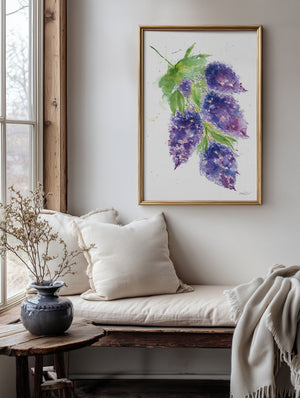 Eco-friendly watercolour canvas painting of soft purple lilacs, evoking calm and natural beauty.