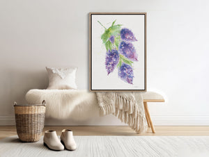 Eco-friendly watercolour painting of soft purple lilacs, evoking calm and natural beauty.