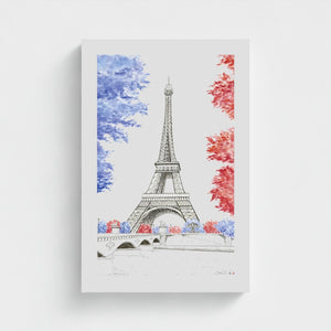 Eiffel Tower Paris watercolour giclée canvas print — hand-painted fine art wall decor on recycled ocean plastic canvas