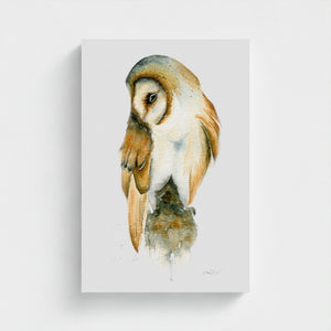 Detailed watercolour painting of a barn owl in natural tones, printed on eco-friendly canvas