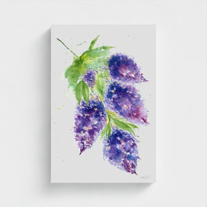 Eco-friendly watercolour canvas painting of soft purple lilacs, evoking calm and natural beauty.