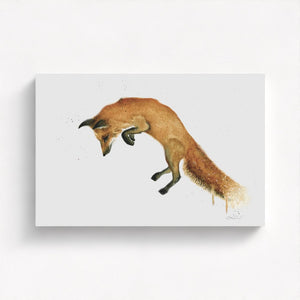 A vibrant watercolour painting of a fox mid-leap, capturing its playful energy and graceful movement. The artwork showcases delicate brushstrokes and vivid colours, highlighting the fox’s elegant form against a soft, natural background.