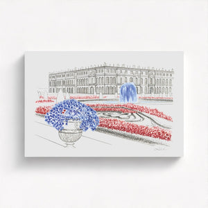 Château de Versailles watercolor canvas print, featuring the grandeur of the historic French palace, its lush gardens, and royal architecture. Elegant watercolor artwork capturing the opulence and timeless beauty of Versailles. Made from 100% plastic bottles.