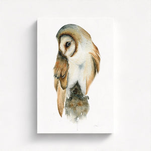 Detailed watercolor illustration of a barn owl in natural tones, printed on eco-friendly canvas