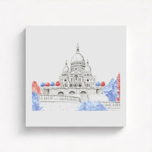 Sacré-Cœur de Montmartre watercolor canvas print, showcasing the grace and grandeur of the iconic basilica atop Montmartre hill in Paris. Exquisite brushstrokes and soft tones evoke the serene beauty and timeless elegance of this beloved landmark. Made from 100% recycled plastic bottles for an eco-friendly touch.
