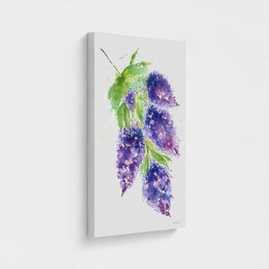 Eco-friendly watercolour painting of soft purple lilacs, evoking calm and natural beauty.