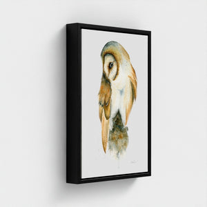 Detailed watercolour painting of a barn owl in natural tones, printed on eco-friendly canvas
