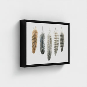 Feathers of the North watercolour artwork featuring illustrated feathers from the Great Horned Owl, Common Raven, Bald Eagle, Gyrfalcon and Northern Goshawk, printed as a fine art giclée canvas.
