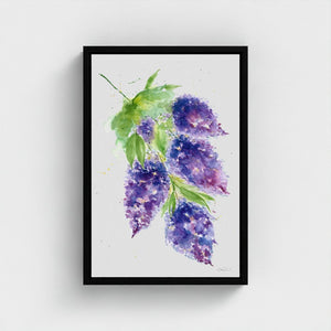 Eco-friendly watercolour canvas painting of soft purple lilacs, evoking calm and natural beauty.
