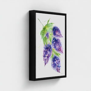 Eco-friendly watercolour canvas painting of soft purple lilacs, evoking calm and natural beauty.