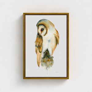 Detailed watercolour painting of a barn owl in natural tones, printed on eco-friendly canvas