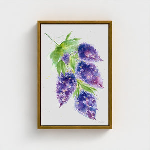 Eco-friendly watercolour canvas painting of soft purple lilacs, evoking calm and natural beauty.