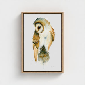 Detailed watercolour painting of a barn owl in natural tones, printed on eco-friendly canvas
