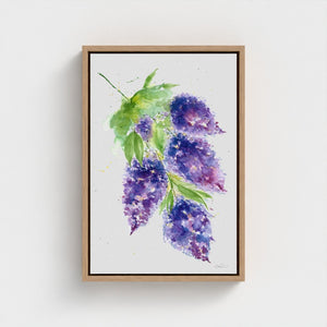 Eco-friendly watercolour canvas painting of soft purple lilacs, evoking calm and natural beauty.