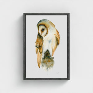 Detailed watercolour painting of a barn owl in natural tones, printed on eco-friendly canvas
