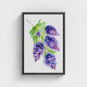 Eco-friendly watercolour canvas painting of soft purple lilacs, evoking calm and natural beauty.