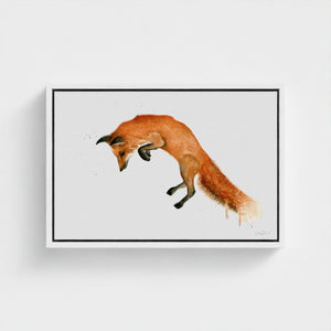 A vibrant watercolour painting of a fox mid-leap, capturing its playful energy and graceful movement. The artwork showcases delicate brushstrokes and vivid colours, highlighting the fox’s elegant form against a soft, natural background.