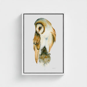 Detailed watercolour painting of a barn owl in natural tones, printed on eco-friendly canvas