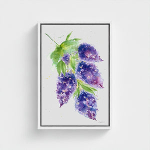 Eco-friendly watercolour canvas painting of soft purple lilacs, evoking calm and natural beauty.