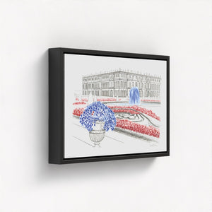 Château de Versailles watercolor canvas print, featuring the grandeur of the historic French palace, its lush gardens, and royal architecture. Elegant watercolor artwork capturing the opulence and timeless beauty of Versailles. Made from 100% plastic bottles.