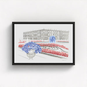 Château de Versailles watercolor canvas print, featuring the grandeur of the historic French palace, its lush gardens, and royal architecture. Elegant watercolor artwork capturing the opulence and timeless beauty of Versailles. Made from 100% plastic bottles.