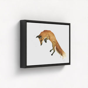 A vibrant watercolour painting of a fox mid-leap, capturing its playful energy and graceful movement. The artwork showcases delicate brushstrokes and vivid colours, highlighting the fox’s elegant form against a soft, natural background.
