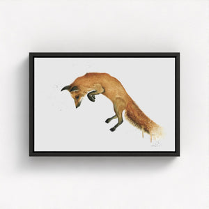 A vibrant watercolour painting of a fox mid-leap, capturing its playful energy and graceful movement. The artwork showcases delicate brushstrokes and vivid colours, highlighting the fox’s elegant form against a soft, natural background.