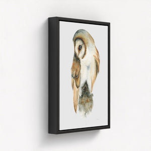 Detailed watercolor illustration of a barn owl in natural tones, printed on eco-friendly canvas