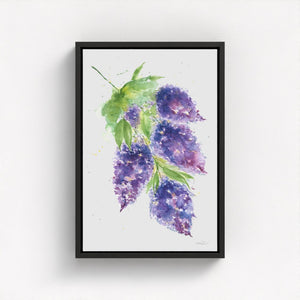 Eco-friendly watercolour painting of soft purple lilacs, evoking calm and natural beauty.