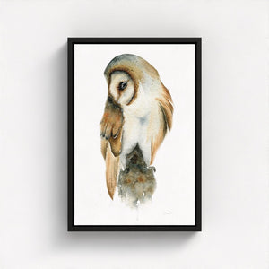 Detailed watercolor illustration of a barn owl in natural tones, printed on eco-friendly canvas