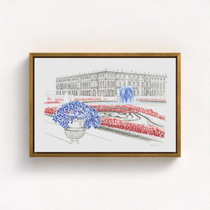 Château de Versailles watercolor canvas print, featuring the grandeur of the historic French palace, its lush gardens, and royal architecture. Elegant watercolor artwork capturing the opulence and timeless beauty of Versailles. Made from 100% plastic bottles.