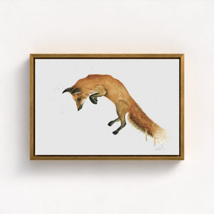 A vibrant watercolour painting of a fox mid-leap, capturing its playful energy and graceful movement. The artwork showcases delicate brushstrokes and vivid colours, highlighting the fox’s elegant form against a soft, natural background.