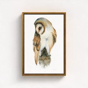 Detailed watercolor illustration of a barn owl in natural tones, printed on eco-friendly canvas