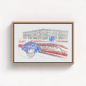 Château de Versailles watercolor canvas print, featuring the grandeur of the historic French palace, its lush gardens, and royal architecture. Elegant watercolor artwork capturing the opulence and timeless beauty of Versailles. Made from 100% plastic bottles.